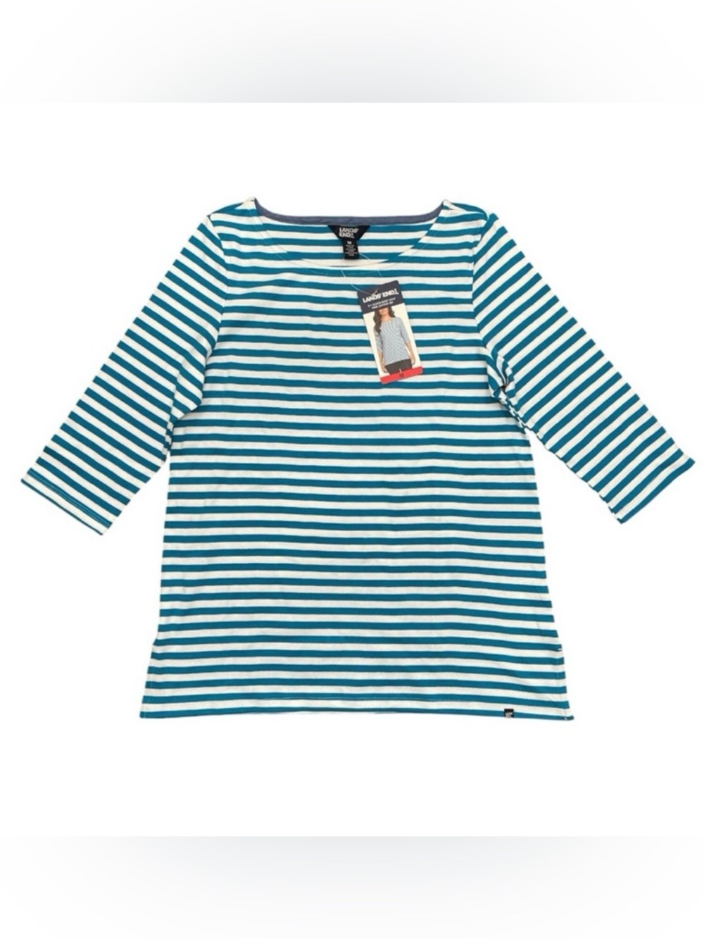 Lands’ End Women’s Blue & White Striped Boat Neck Tee | Size M